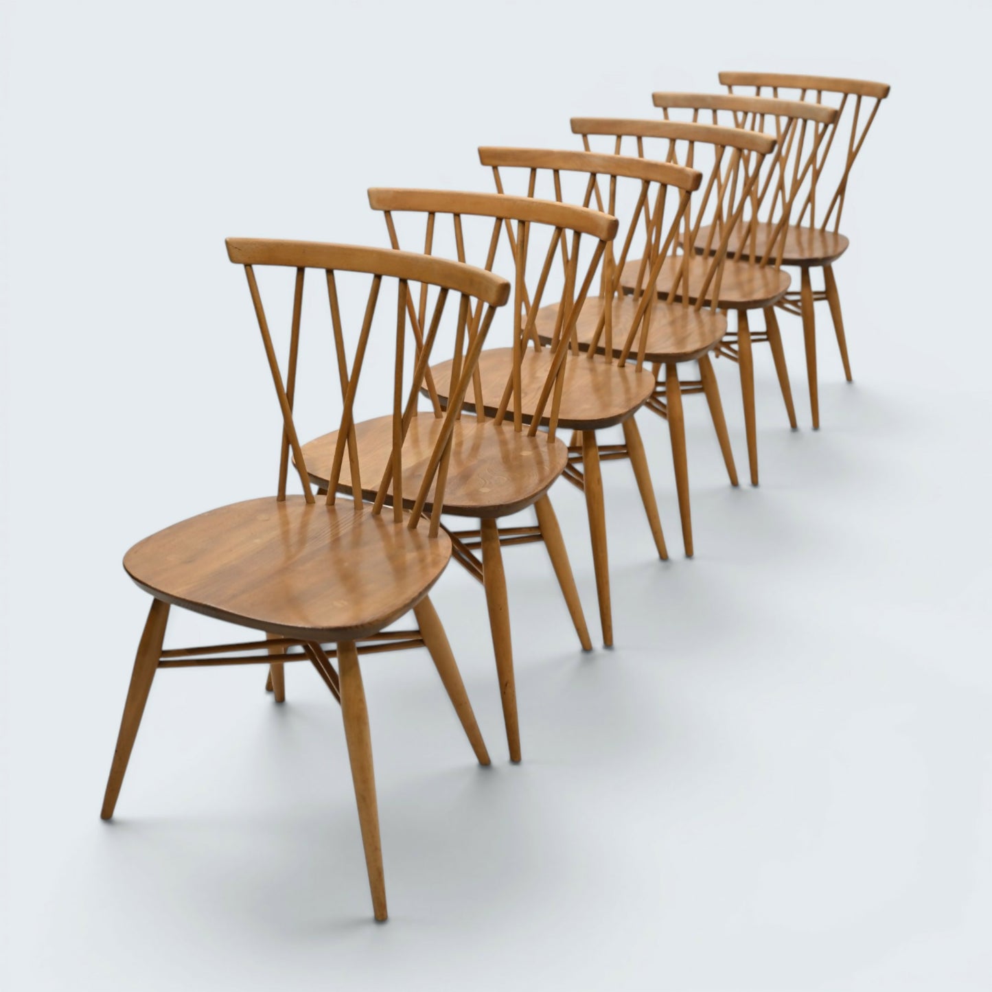 Set of 6 Vintage Ercol Candlestick Dining Chairs Blonde Elm Mid Century Retro