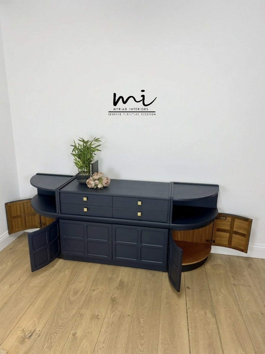 Mid Century Nathan teak modular sideboard set in navy blue, tv stand, media unit, retro corner cupboard, console, cocktail cabinet drinks