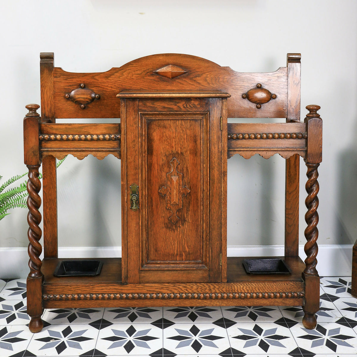 Oak Hall Stand Stick Stand with Drip Trays and Cupboard