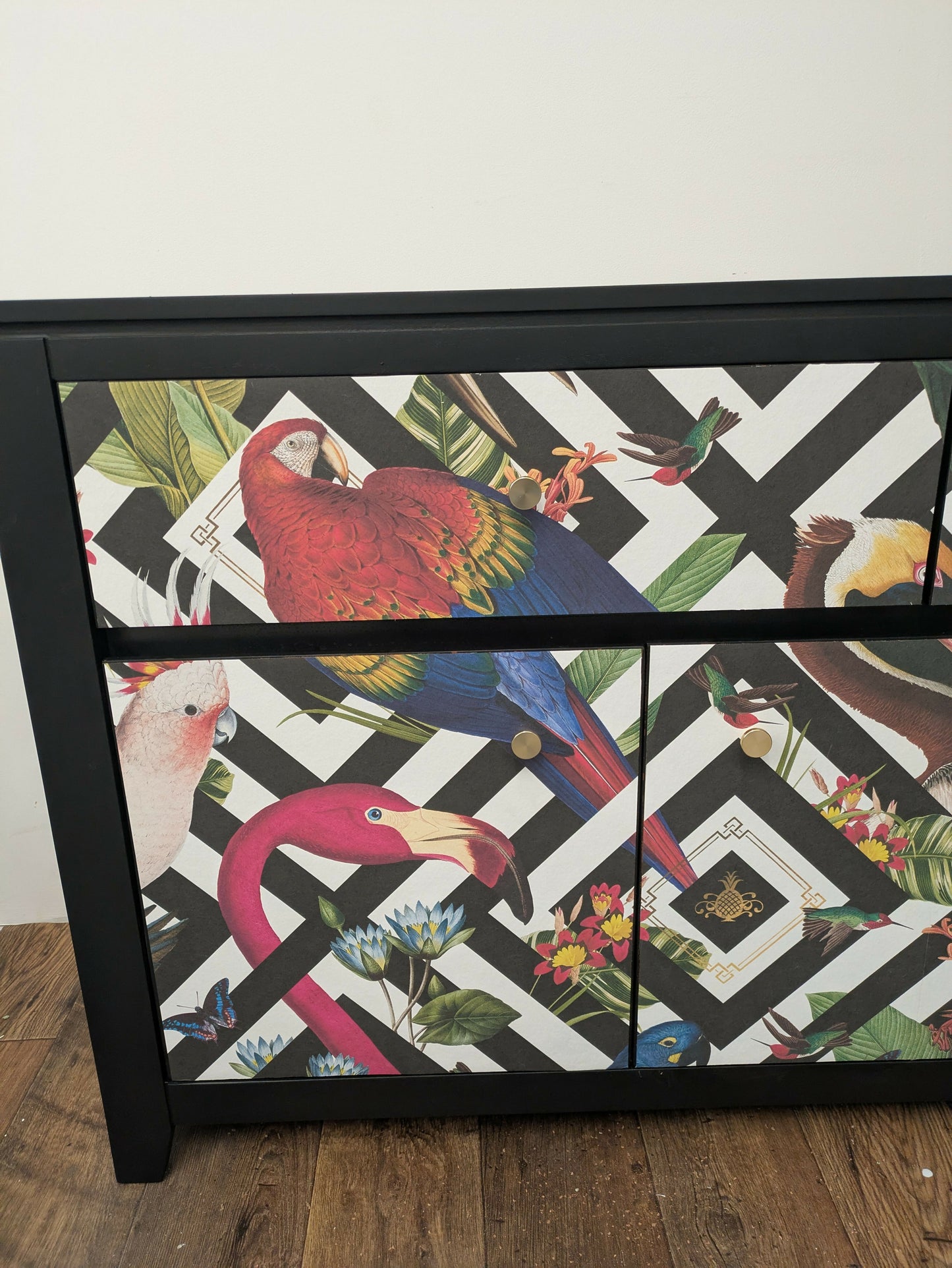Solid Oak Vintage Sideboard Upcycled Painted Black. Animal Bird Geometric Print