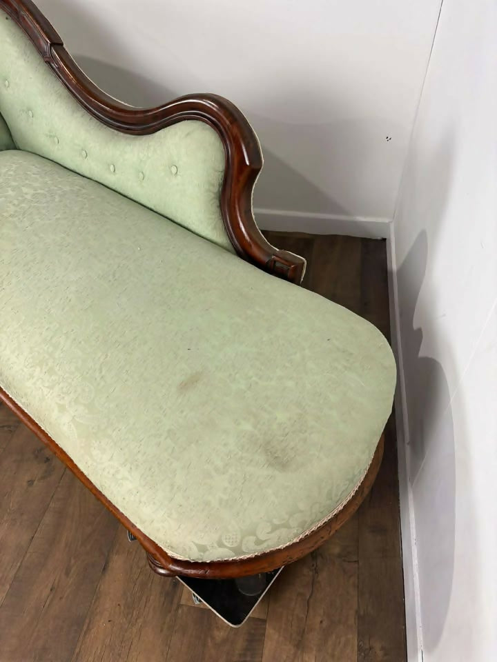Edwardian Mahogany Framed Chaise Longue with Green Upholstery