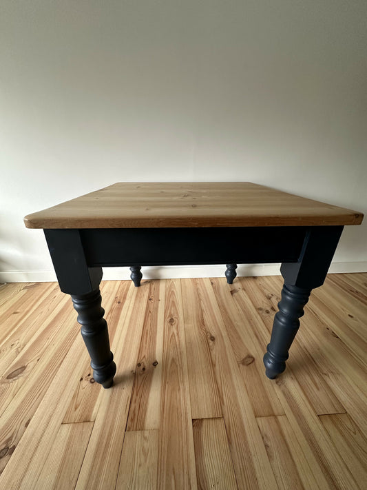 Pine dining table with stripped pine top and blue base