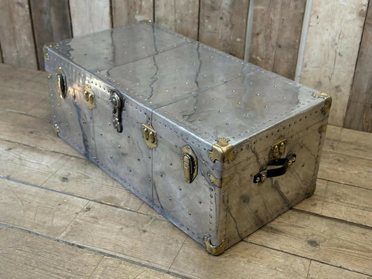 Aluminium and brass vintage travel trunk