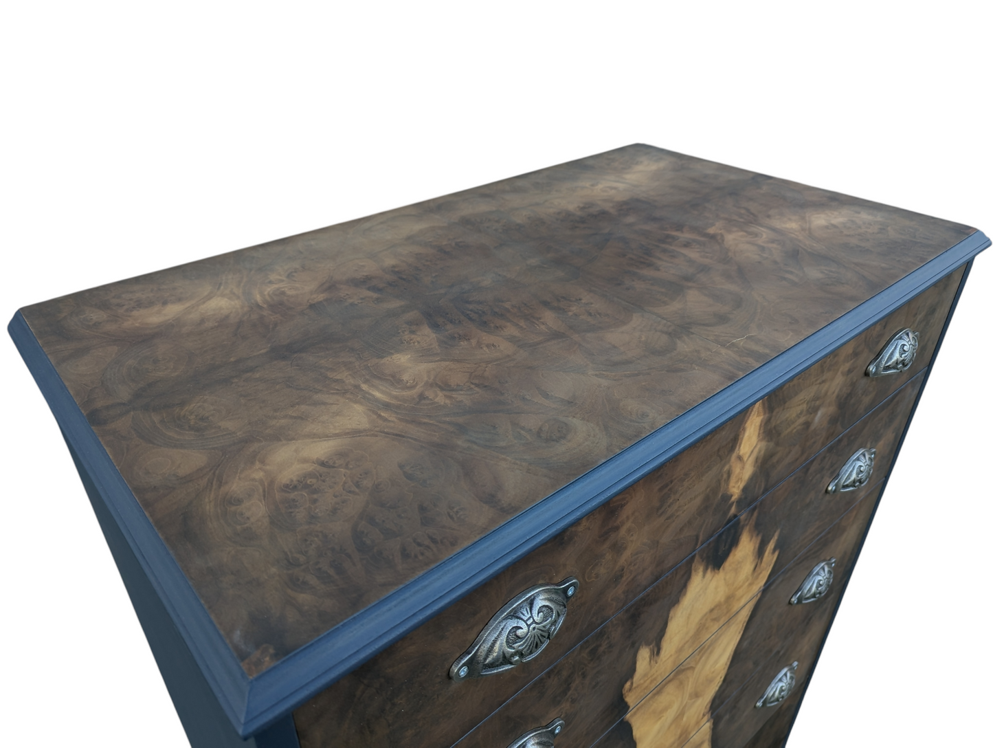Vintage art deco navy blue walnut burr wood chest of drawers tallboy
