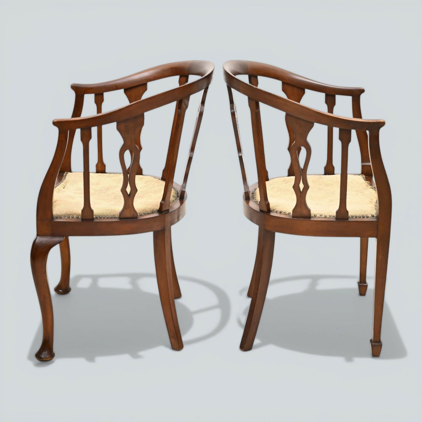 Two Edwardian Mahogany Tub Chairs His & Hers Upholstered Seats FREE UK Delivery