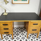 Vintage Oak Faced Mid Century Twin Pedestal Desk with Black Leatherette Top