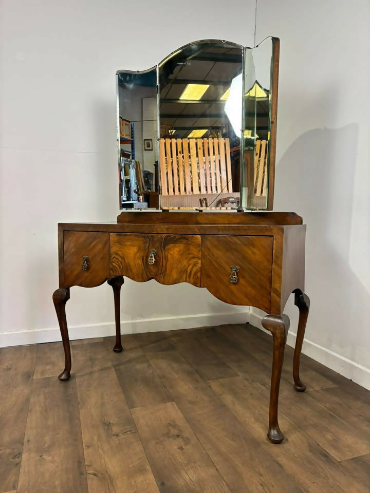 Vintage Walnut Veneered Triptych Mirror Dressing Table