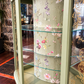 Vintage Curved Display Cabinet | Sage Green & Gold | Floral Botanical Interior | Lockable Glass Drinks Cabinet