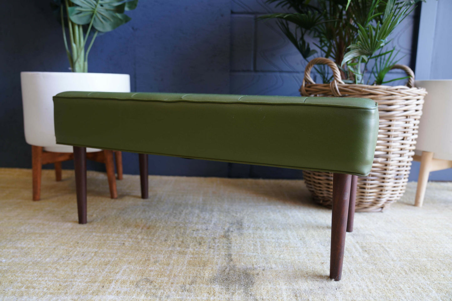 Mid Century Modern Olive Green Vinyl Bench Stool With Tapered Legs