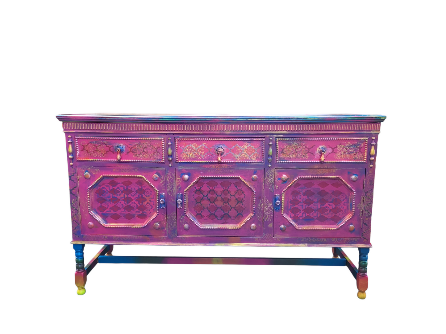 Boho Statement Cabinet. Hand Painted Vintage Sideboard. Colourful One of a Kind Furniture.