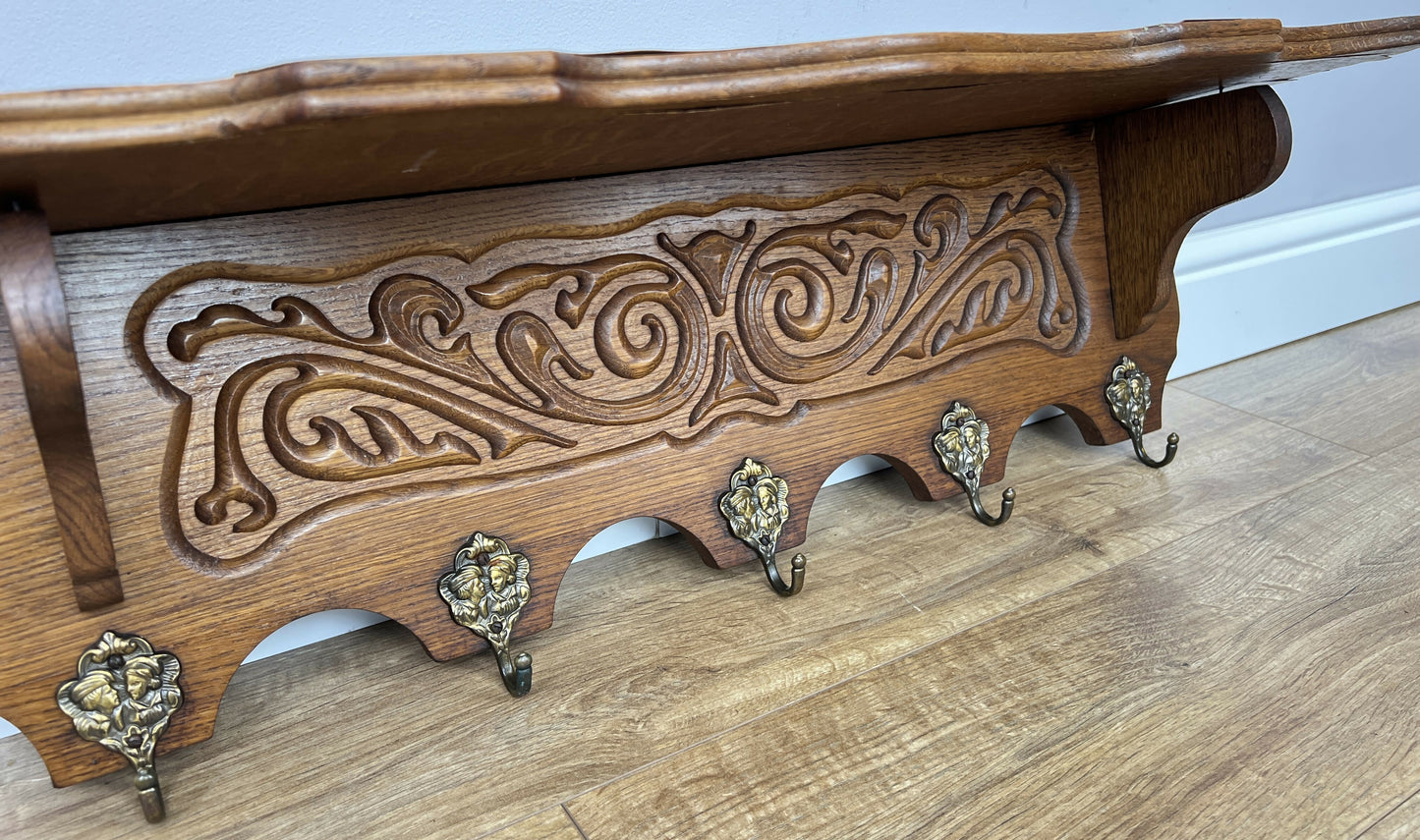 Coat Rack Vintage French Oak Wall Mounted 5 Hooks Carved Rack Hanger LOT 6204