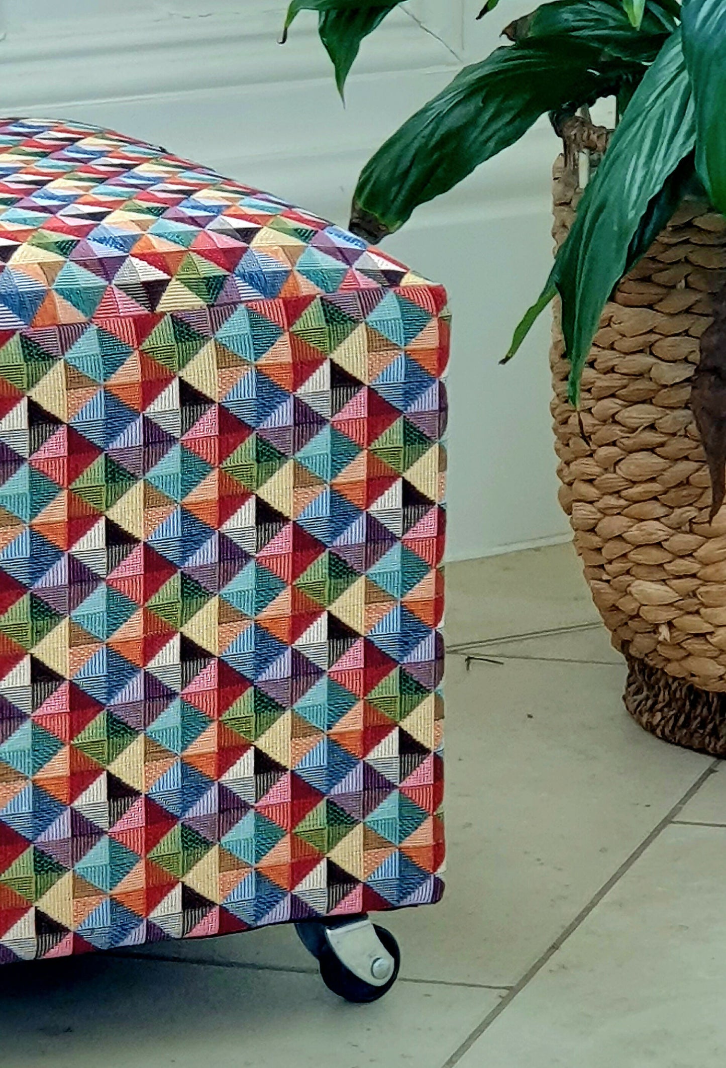 Footstool Pouffe Ottoman on castors Rescued, Restored & Reupholstered in a Modern, Geometric Fabric.