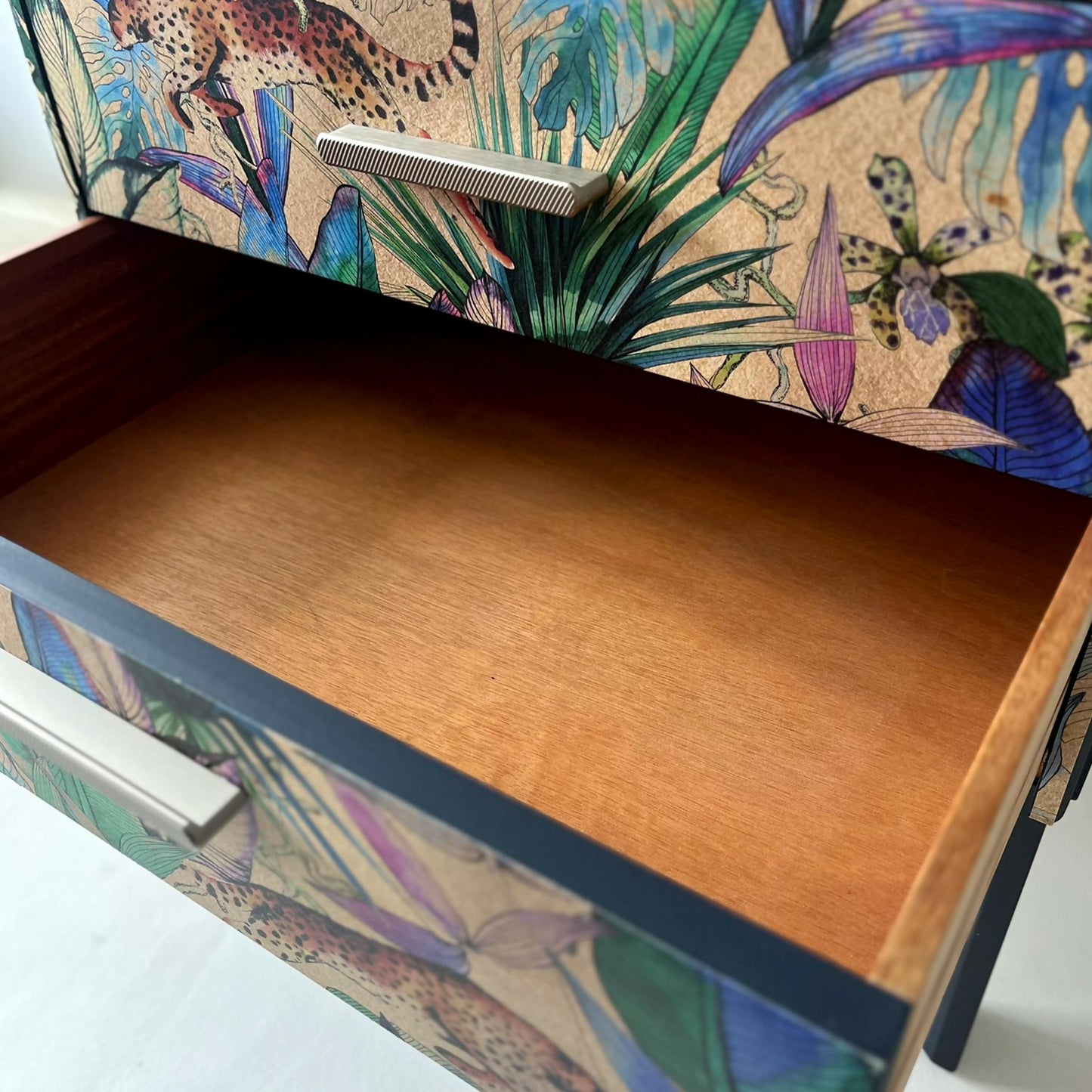 Vintage Remoloy Tallboy Chest of Drawers open Drawers from Close up featuring Natural Wood Veneer