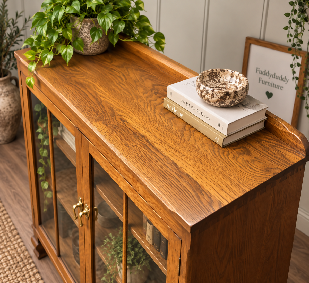 Solid Oak bookcase display cabinet slimline adjustable shelves