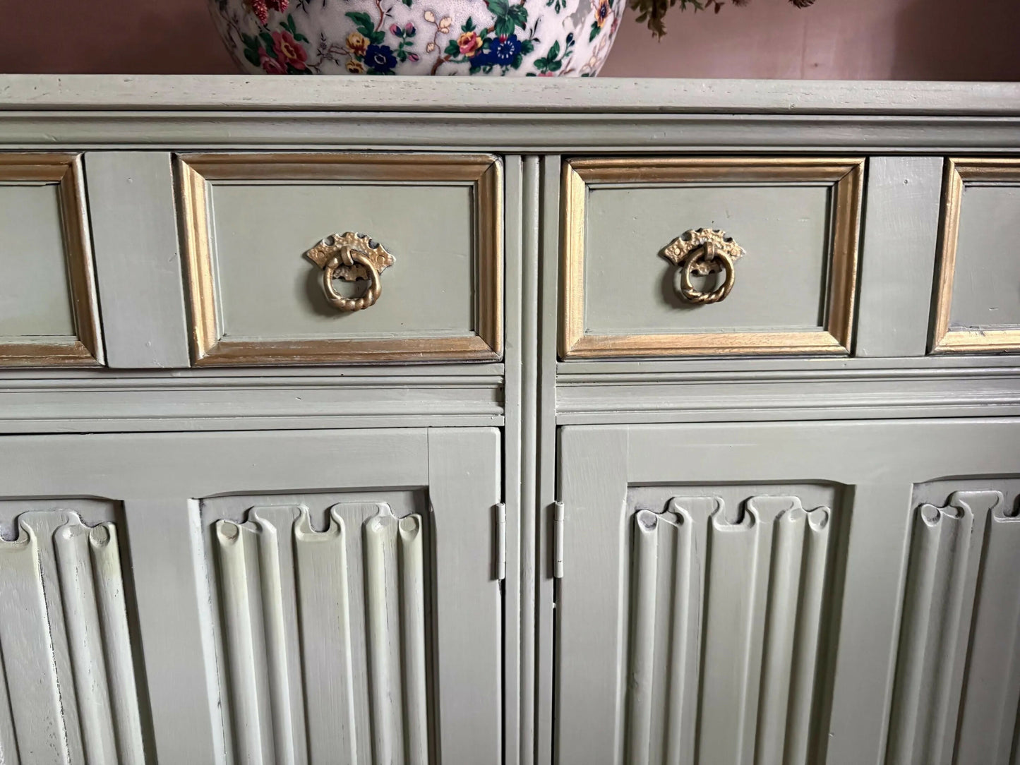 Sage Green Upcycled Sideboard, Gold Accents, Sustainable Decor