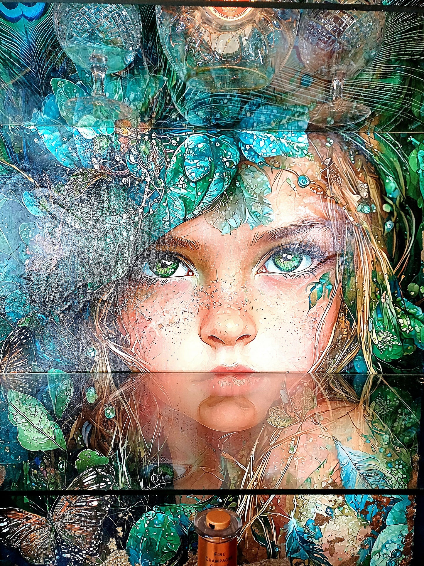 Upcycled Display Case with Decoupaged Peacock Princess and Glass Shelves