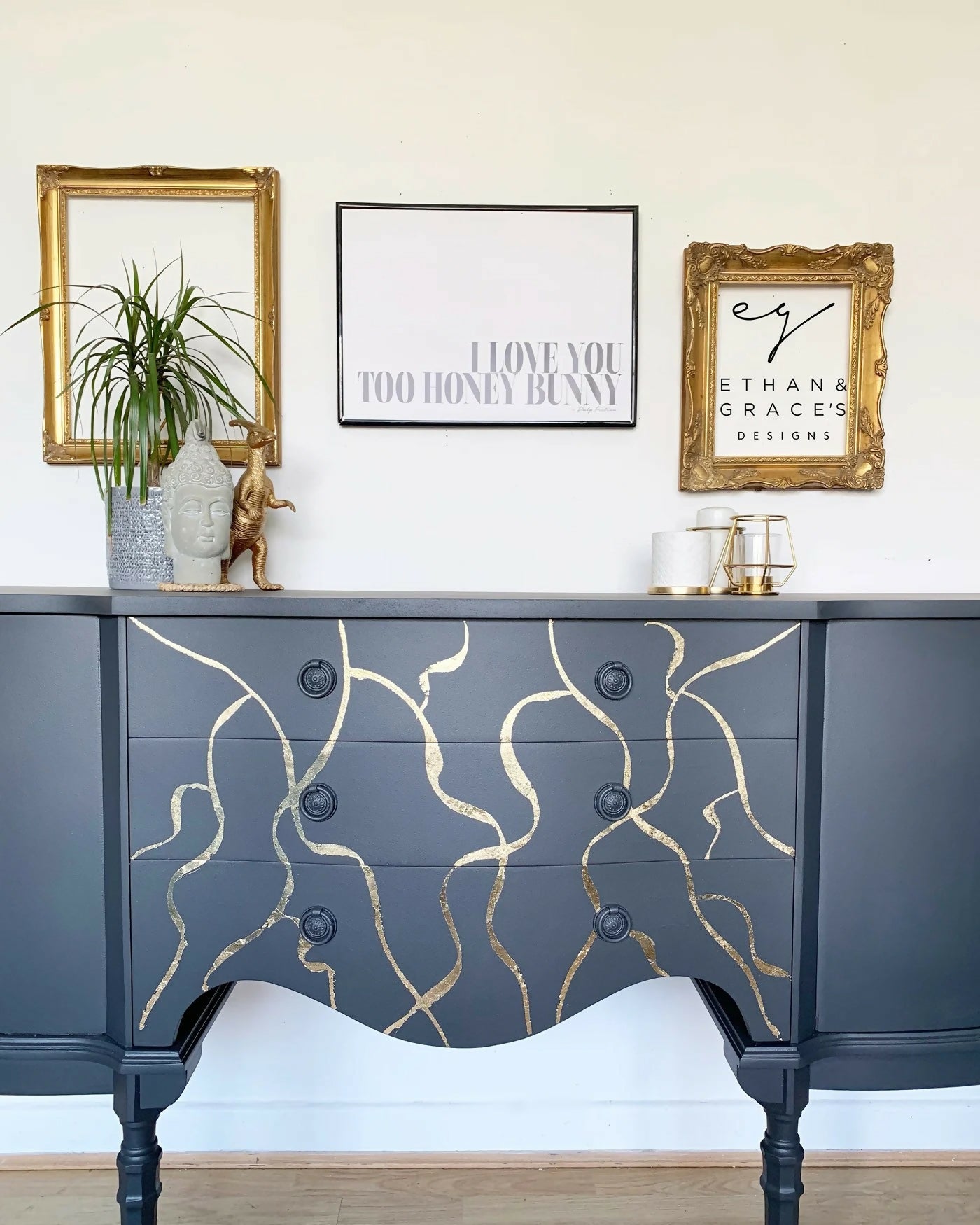Vintage dark grey & gold leaf sideboard