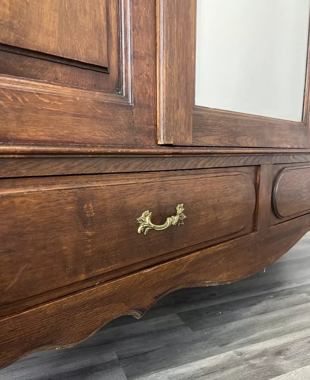 Wardrobe Antique French Style Oak Mirrored Door Carved Armoire LOT 4796