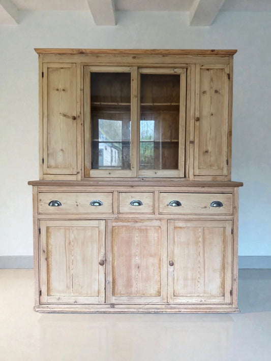 Rustic Antique Victorian Stripped Pitch Pine Cupboard Glazed Dresser Server