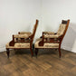 Pair of Victorian Carved Walnut Upholstered Library Armchairs