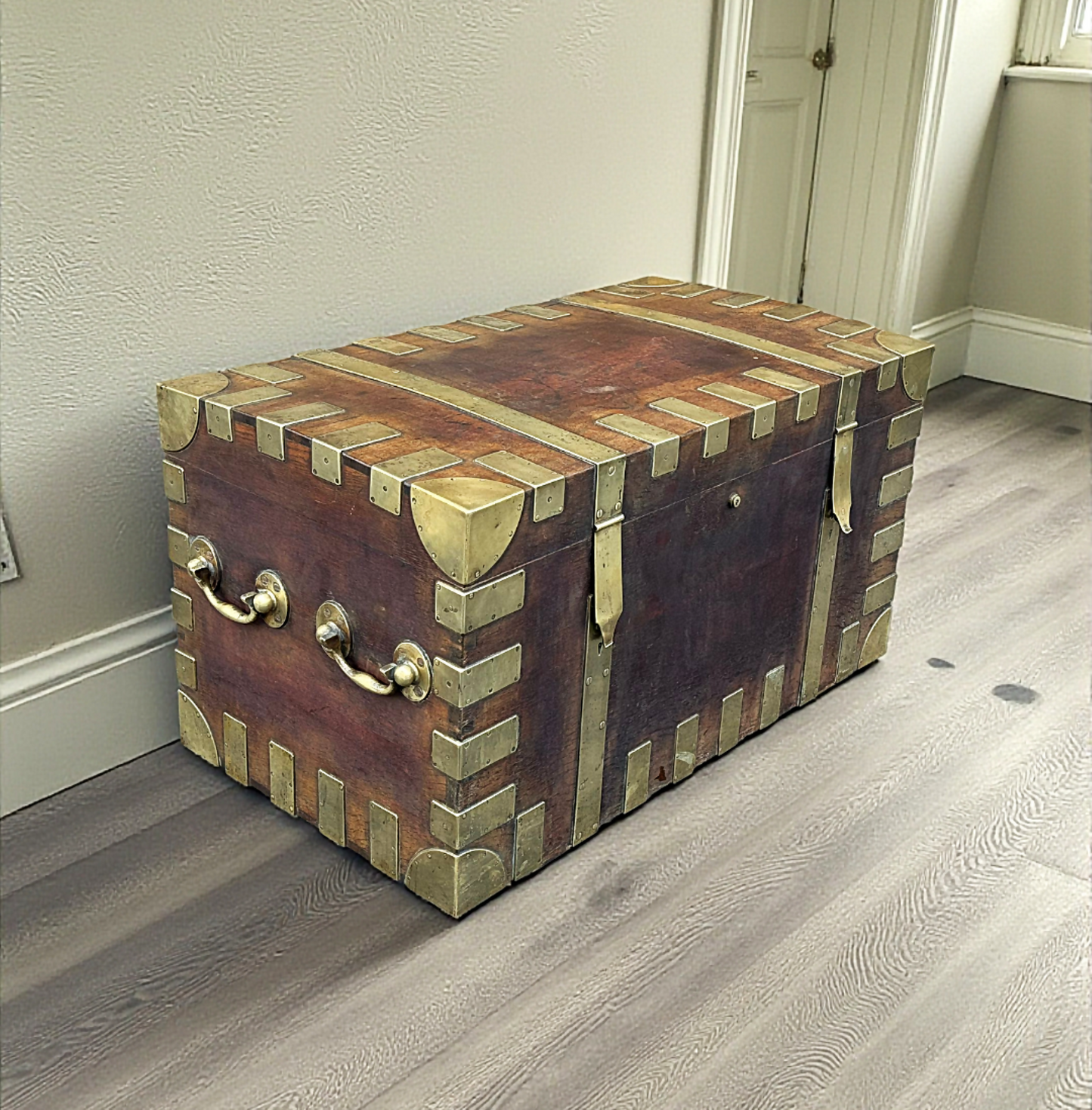 Large Antique Oak Brass Bound Silver or Plate Chest, Trunk