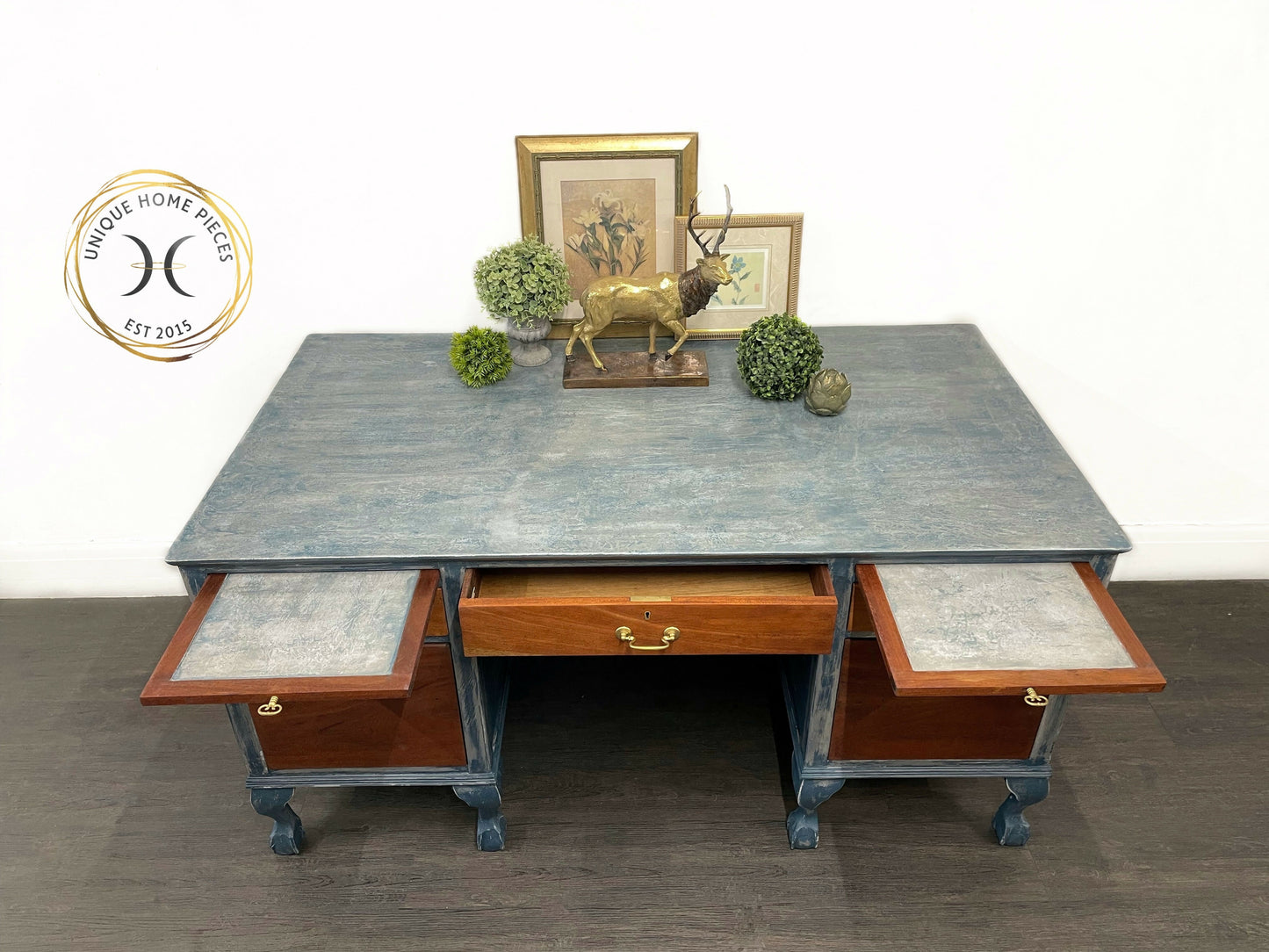 Blue Antique Claw and Ball Double Pedestal Office Desk By Cooke’s Ltd