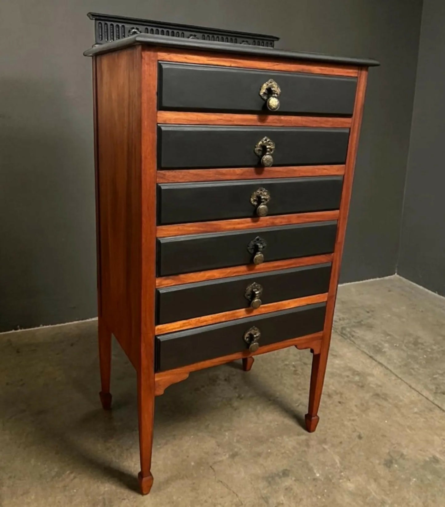 Antique Style 6 Drawer Chest Tallboy Cabinet Black/Wood Jewellery Storage 102cm