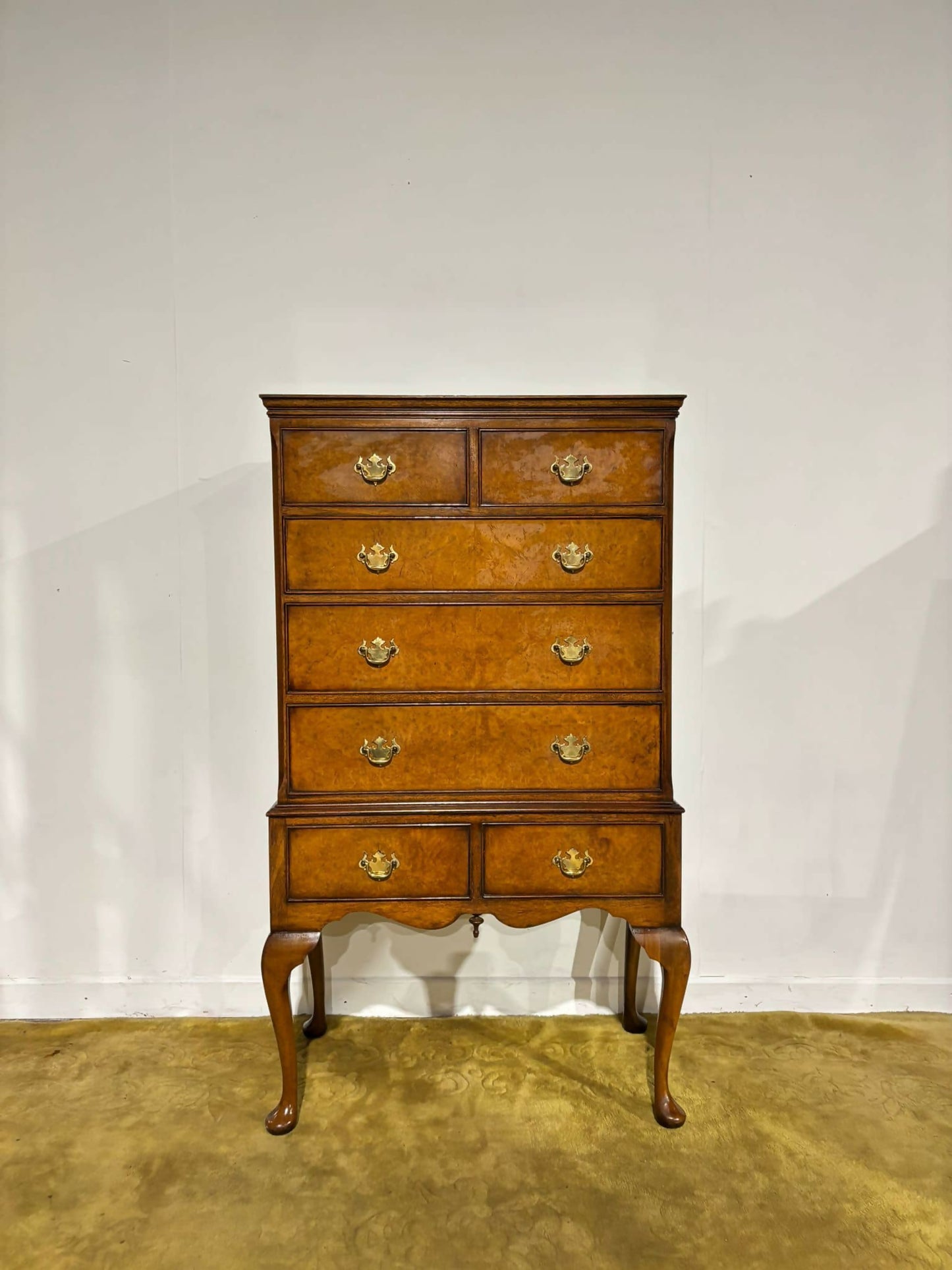 Vintage burr walnut veneered chest on stand