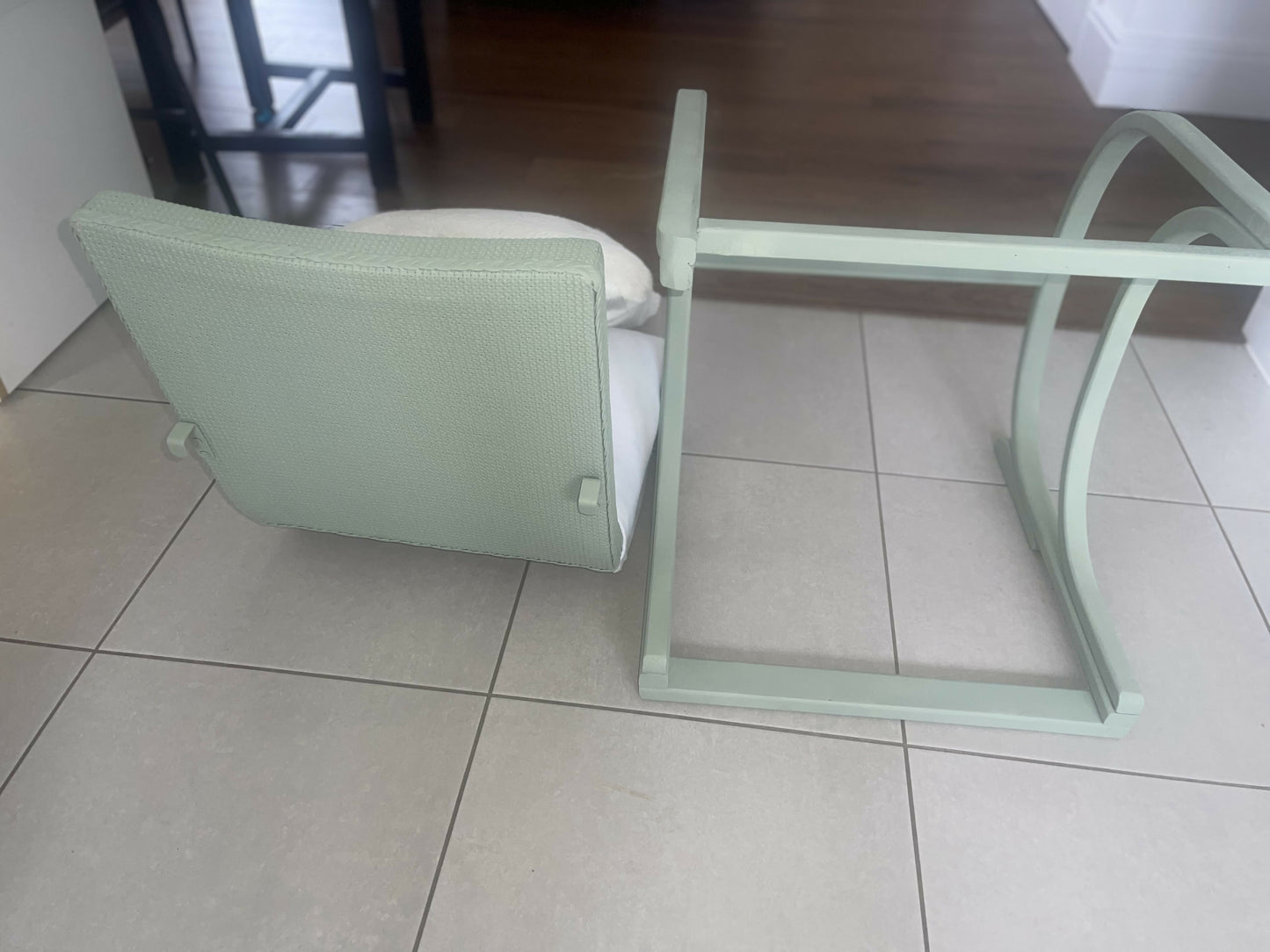 Mid century chair. Comes in two pieces. Very cool. Sage green - you choose your fabric.