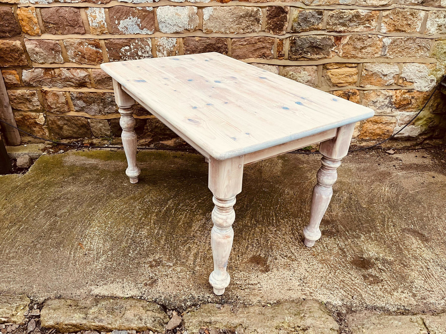 Stripped Pine Farmhouse Dining Table | Solid Wood Country Kitchen Table | Turned Legs Rustic Cottage Table