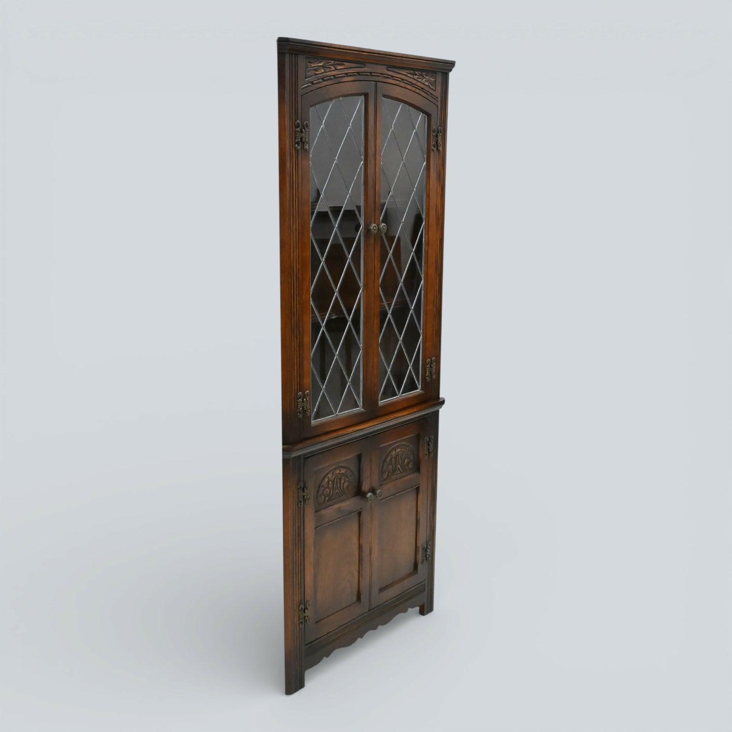 Old Charm Corner Display Cabinet Leaded Glass Doors Tudor Brown FREE UK Delivery