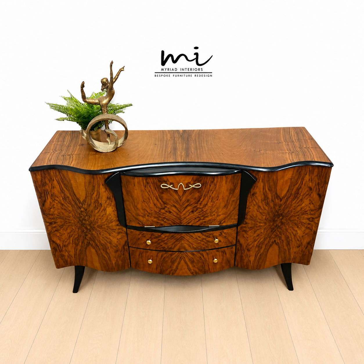 Refurbished Burr Walnut and Black Stonehill Art Deco Cocktail Cabinet, Drinks Cabinet, Vintage Sideboard, Gin Bar