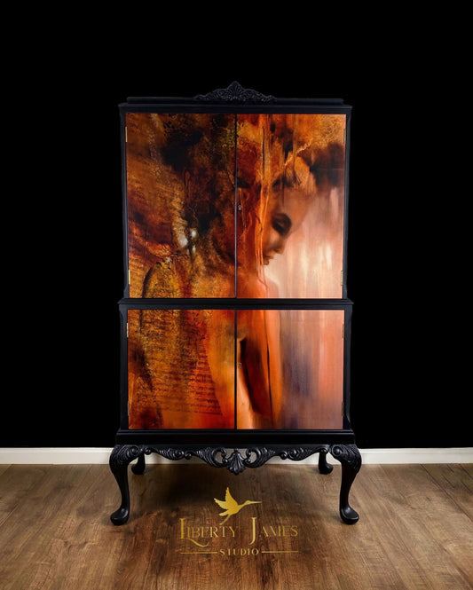 Art Deco Upcycled Queen Anne Cocktail Cabinet: Black Gin Bar Drinks Cabinet