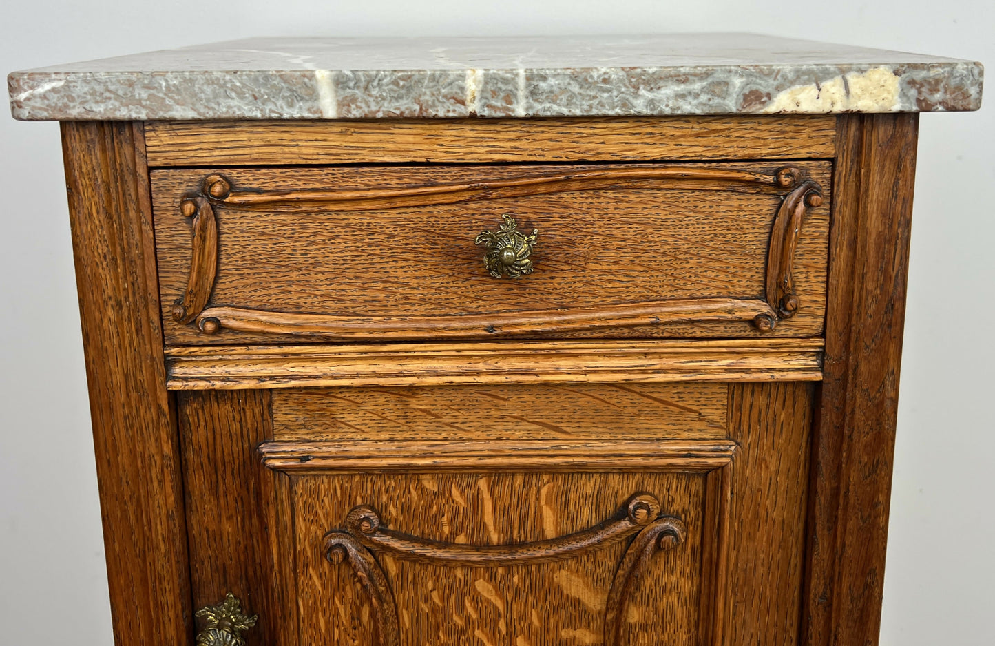 Bedside Table Antique French Marble Top Oak Cabinet Carved Cupboard LOT 6394