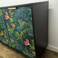 Contemporary Modern Sideboard Painted Black Tropical Bird Palm Tree Print. Sold Message For Commission