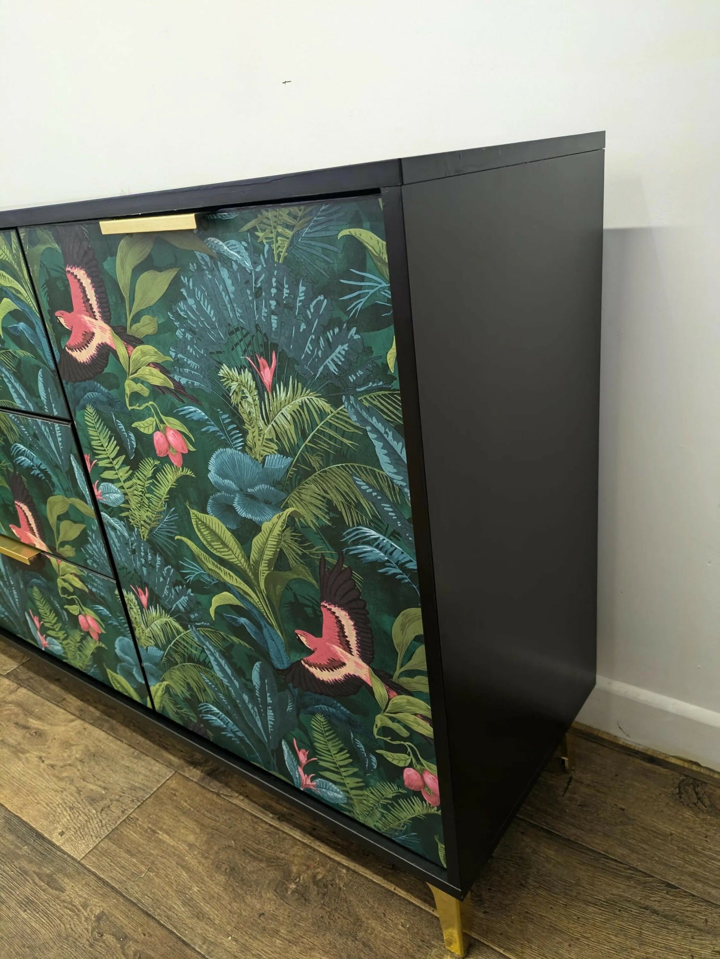 Contemporary Modern Sideboard Painted Black Tropical Bird Palm Tree Print. Sold Message For Commission