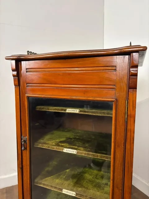 Edwardian Walnut Sheet Music Cabinet with Glass Door & Velvet-Lined Shelves