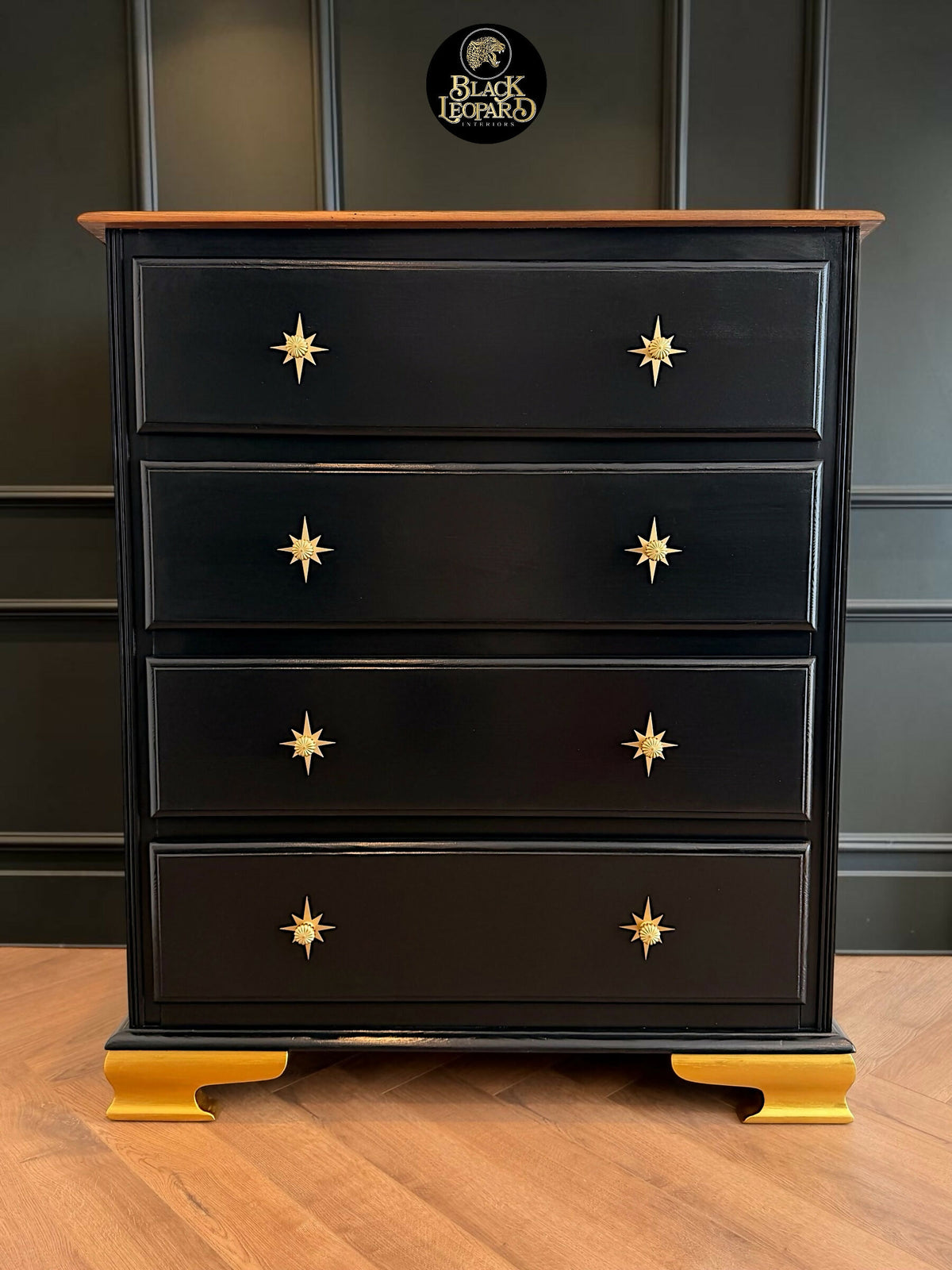 Vintage Unique Chest of drawers Star Burst Black Gold Dresser | Luxury Refurbished Bespoke Furniture