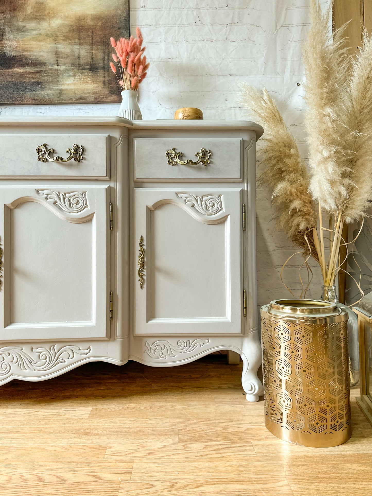 Vintage Queen Anne Sideboard Large, Carved Details, Neutral, Paint Wash - MADE TO ORDER