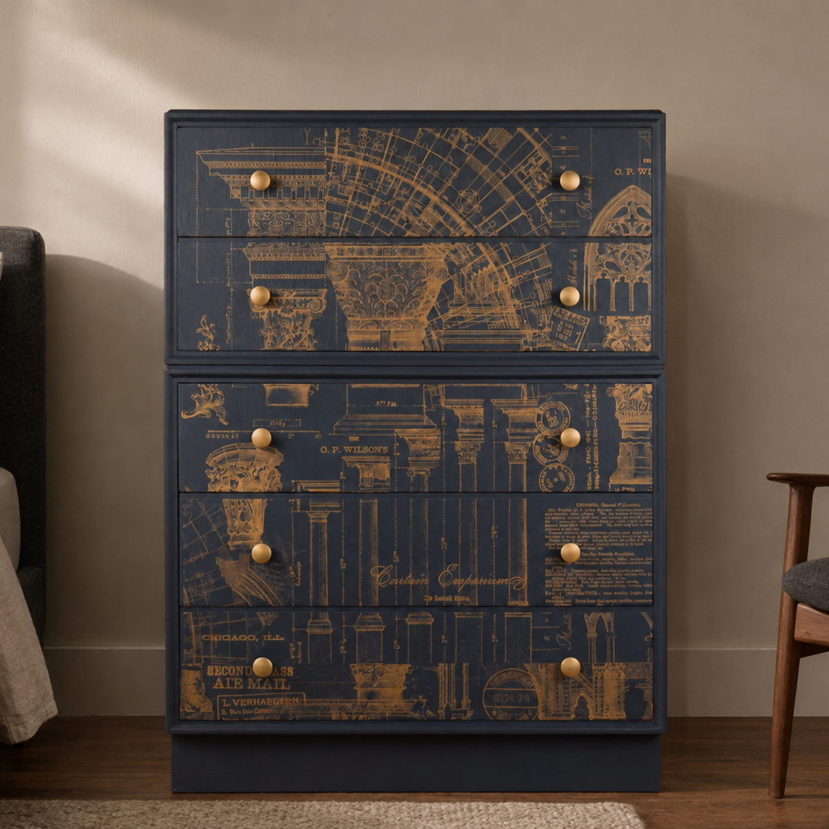 Meredew Chest of Drawers | Mid Century Modern Architectural Blueprint Tallboy Storage