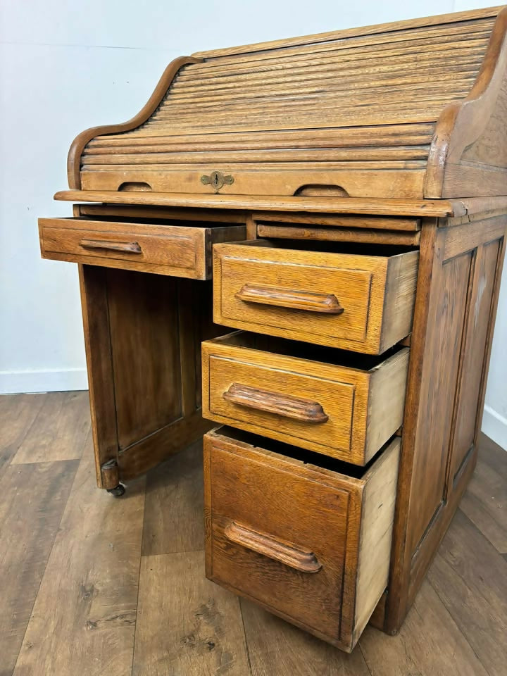 Edwardian Oak Small Roll Top Desk