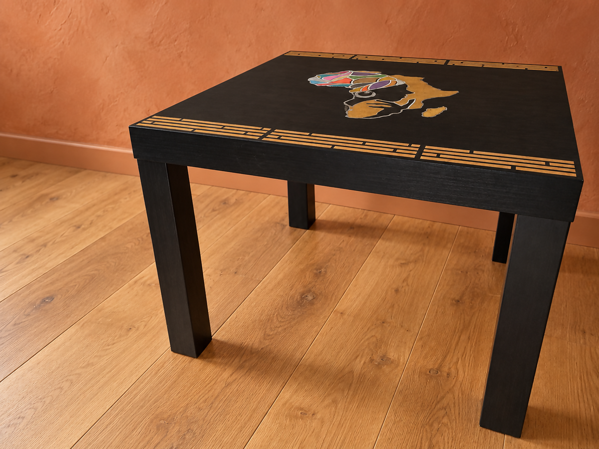 THE AFRICAN ASPECTS UPCYCLED - ONE-OFF FURNITURE ART Black table with stunning African woman/map feature -Giving furniture a second life with soul