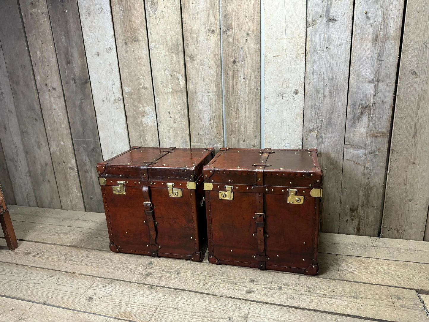 Antique Chestnut Leather Designer Belting Trunks