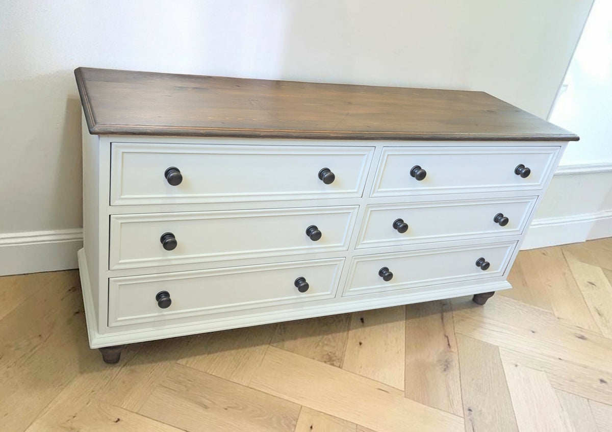 Solid pine rustic off white taupe chest of drawers merchant low boy sideboard