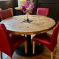 Original, Bespoke made Solid Cable Reel Round Dining Table, with four Bespoke made Dark Fuchsia Chairs
