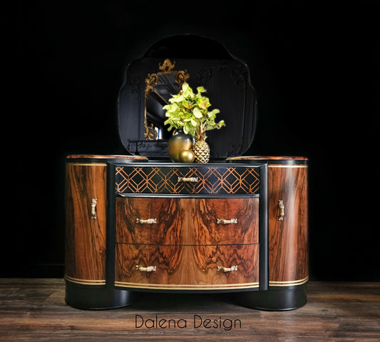 Art deco walnut 1930's mirrored vanity dressing table by Shrager Brothers.