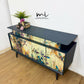 Refinished G Plan sideboard in deep blue with pretty floral and botanical, e Gomme, Tola, deep teal, maximalist, tv stand, cocktail cabinet