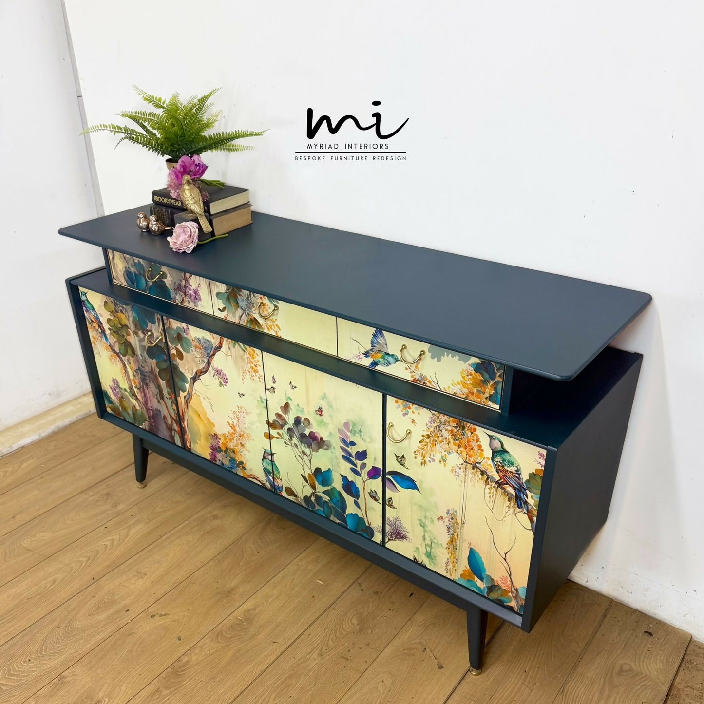 Refinished G Plan sideboard in deep blue with pretty floral and botanical, e Gomme, Tola, deep teal, maximalist, tv stand, cocktail cabinet