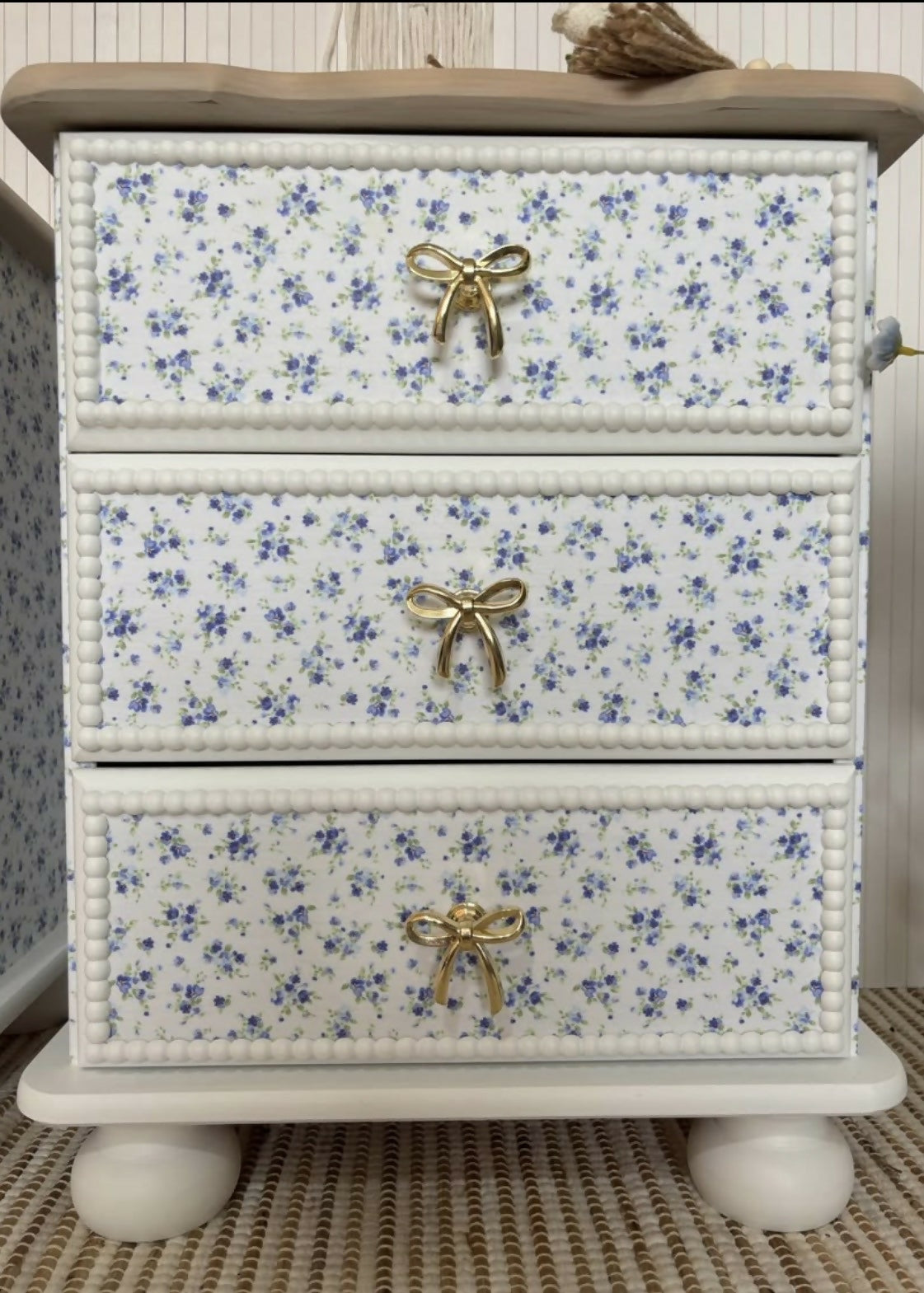 Pair of pine bedside drawers featuring floral decoupage