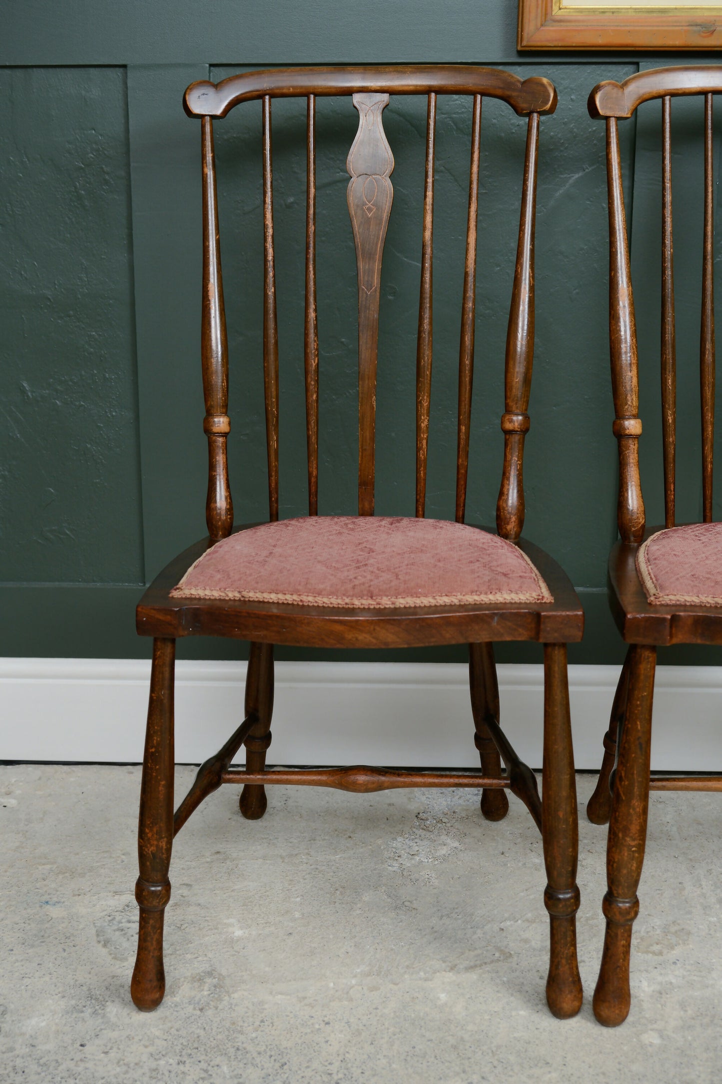 4 Edwardian Stick Splat Back Chairs with Dusky Pink Seats - SKU 208